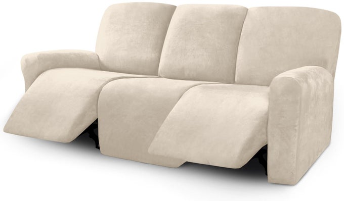 VELVET 8PIECES RECLINER SOFA COVERS STRETCH RECLINING COUCH COVERS FOR 3 CUSHION RECLINING SOFA SLIPCOVERS FURNITURE COVERS THICK SOFT WASHABLE 3 SEATER RECLINER COVER WHITE
