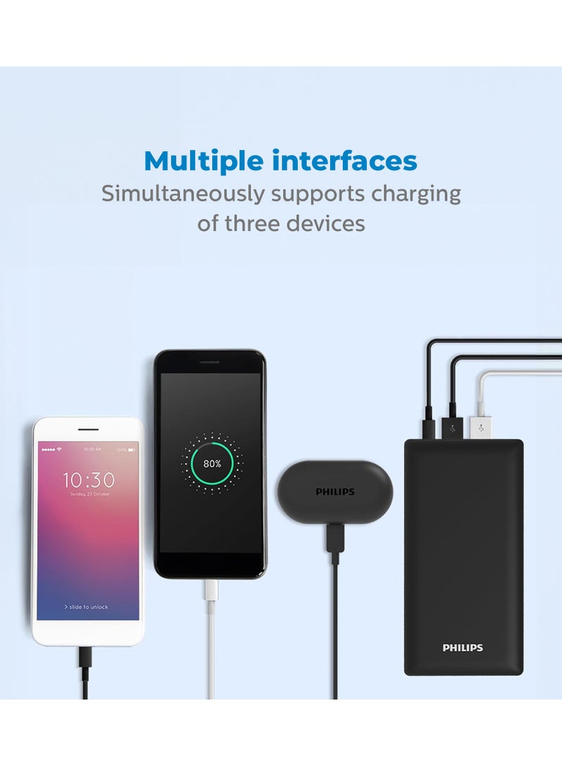 Philips 20000 mAh Battery Power Bank, 20W, USB-A And USB-C Ports For for Smartphones, Tablets, Airpods And USB-C Devices - Black - Image 3