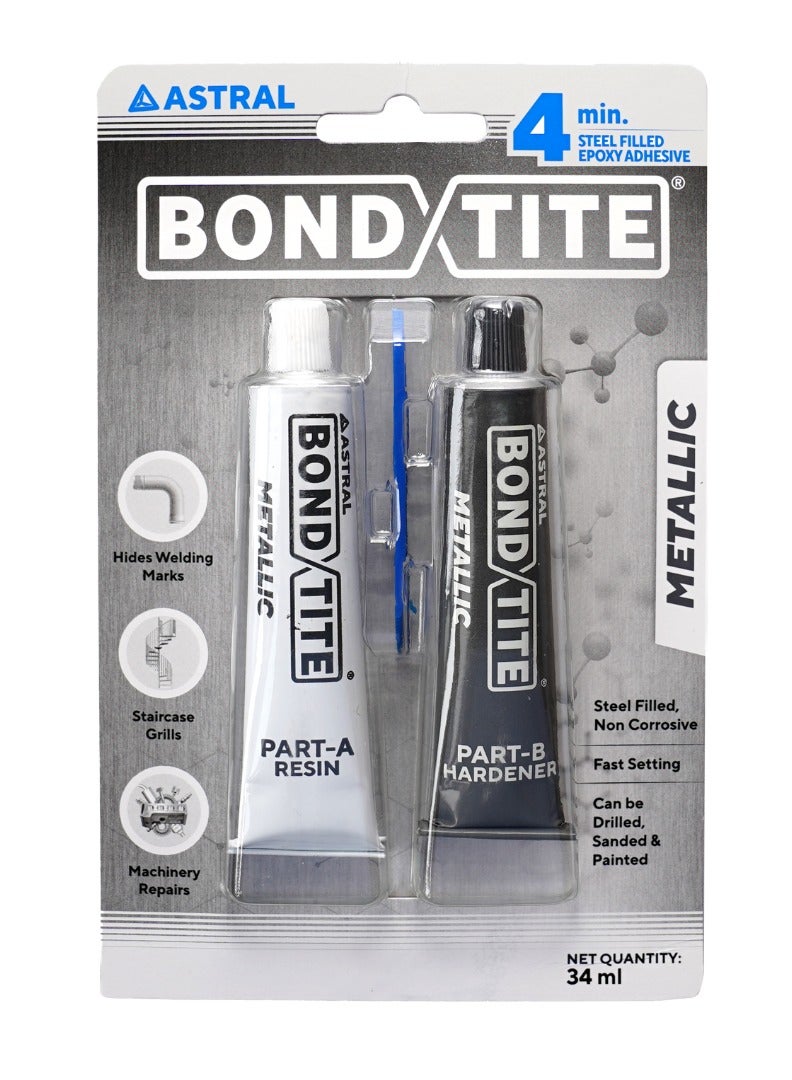 ASTRAL Astral Bondtite Metallic 4-min Steel Filled Epoxy Adhesive, metal filled, fast setting, high strength two-component epoxy adhesive, specially developed for bonding two different metal surfaces, 34 ml 