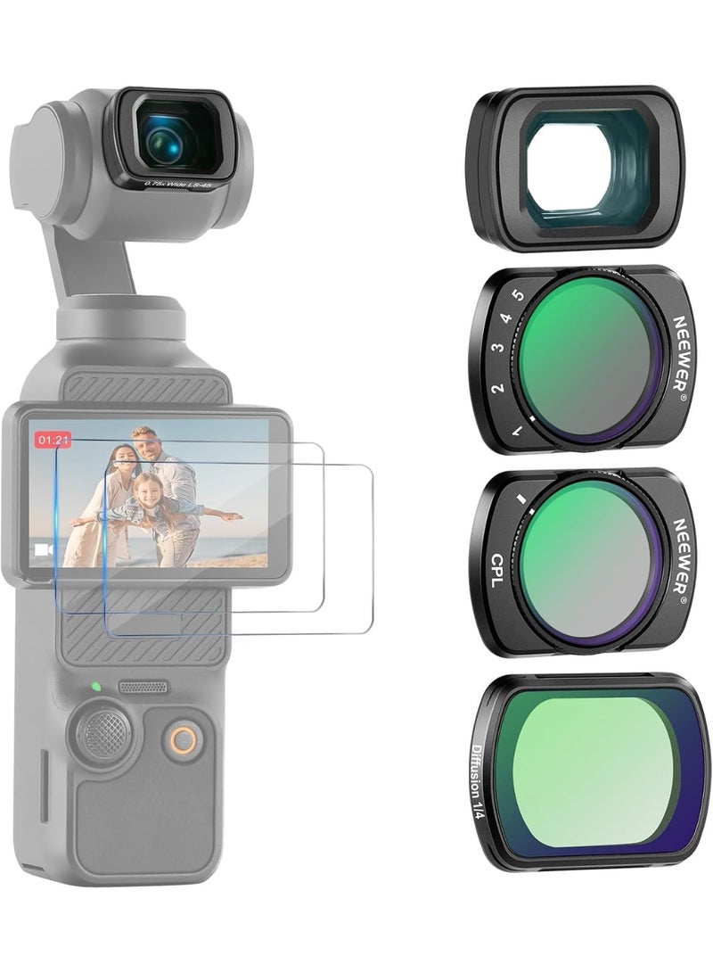 Neewer Filter Set with 0.75x Wide Angle Lens 108° FOV, Variable ND 2-32 CPL 1/4 Black Diffusion Filter Compatible with DJI Osmo Pocket 3 / Pocket 4 / Xtra Muse Accessories 0.75x Wide Angle Lens 108° FOV, Variable ND 2-32, CPL, 1/4 Black Diffusion Filter - Image 1