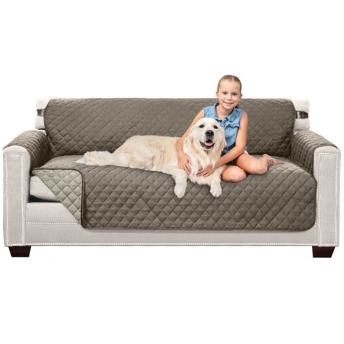 COUCH SLIP COVER WITH PATENTED STRAP CUSHION PROTECTOR REVERSIBLE STAIN AND DOG TEAR RESISTANT SLIPCOVER QUILTED MICROFIBER 70IN SEAT WASHABLE COVERS FOR DOGS PETS KIDS LATTE LINEN