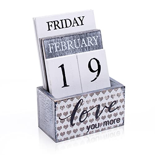 Notakia Perpetual Calendar Wooden Calendar Blocks Vintage Wood Block Calendar for Home Office Desk Accessories Week Month Date Display (Love you more) - Image 1