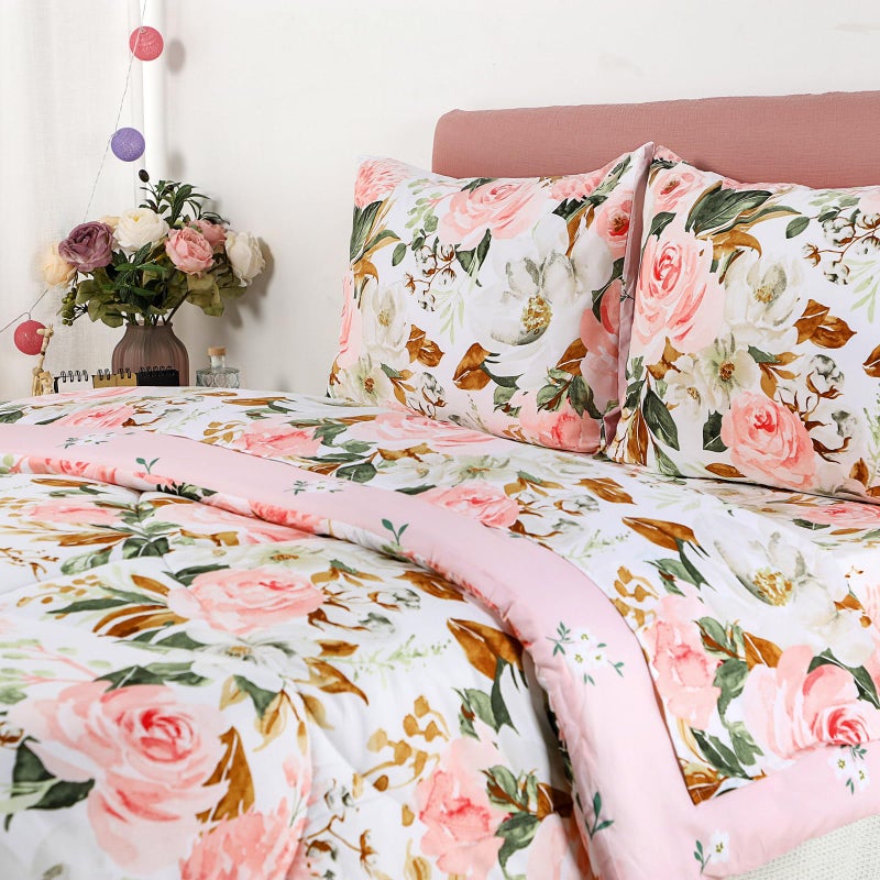 ديليمي مجموعة كاملة الحجم الكامل مجموعة للبنات 5 قطع فائقة الأزهار الوردي ناعم سرير عكسي مع معزيرة ورقة مسطحة 2 - Image 5