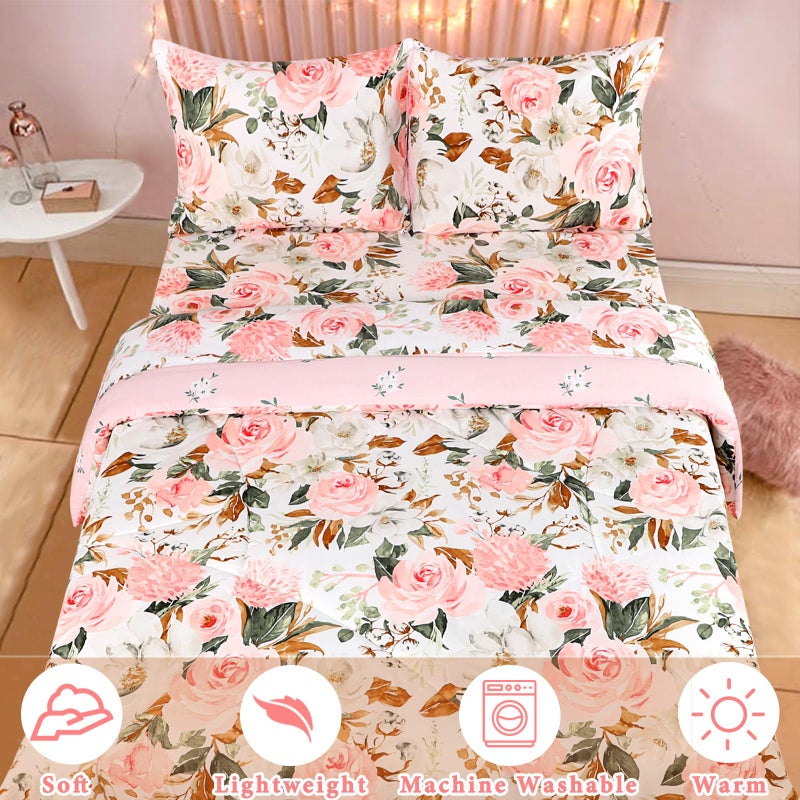 ديليمي مجموعة كاملة الحجم الكامل مجموعة للبنات 5 قطع فائقة الأزهار الوردي ناعم سرير عكسي مع معزيرة ورقة مسطحة 2 - Image 4