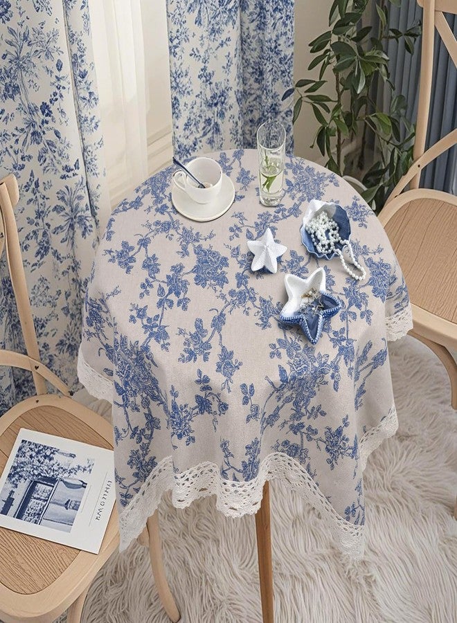 tiosggd Small Blue Floral Tablecloth Square 24 x 24 inch, Spring Burlap Linen Nightstand Cover, French Vintage Table Cover, End Bedside Chinoiserie Flower Table Cloth, Washable Farmhouse Blue Home Decor - Image 2