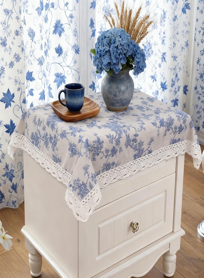 tiosggd Small Blue Floral Tablecloth Square 24 x 24 inch, Spring Burlap Linen Nightstand Cover, French Vintage Table Cover, End Bedside Chinoiserie Flower Table Cloth, Washable Farmhouse Blue Home Decor - Image 4
