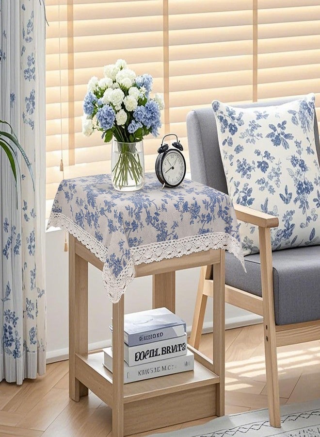 tiosggd Small Blue Floral Tablecloth Square 24 x 24 inch, Spring Burlap Linen Nightstand Cover, French Vintage Table Cover, End Bedside Chinoiserie Flower Table Cloth, Washable Farmhouse Blue Home Decor - Image 5