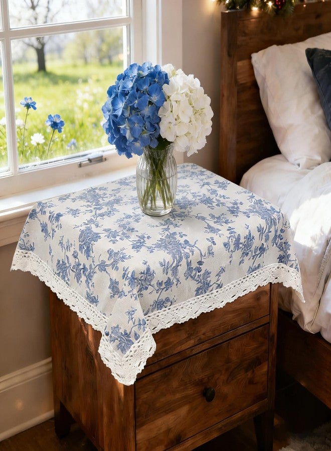 tiosggd Small Blue Floral Tablecloth Square 24 x 24 inch, Spring Burlap Linen Nightstand Cover, French Vintage Table Cover, End Bedside Chinoiserie Flower Table Cloth, Washable Farmhouse Blue Home Decor - Image 1