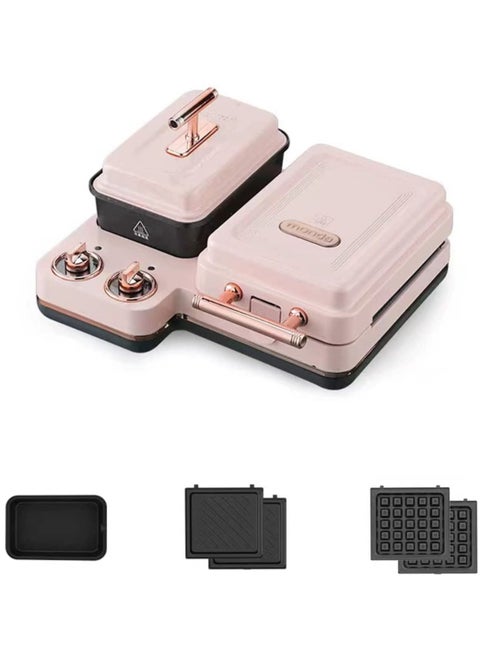Multifunction Sandwich Maker, with Removable Plates,3 in 1 Breakfast Machine and Hot Pot Boiler for Egg Cooker and Sandwich, Waffle (Pink)