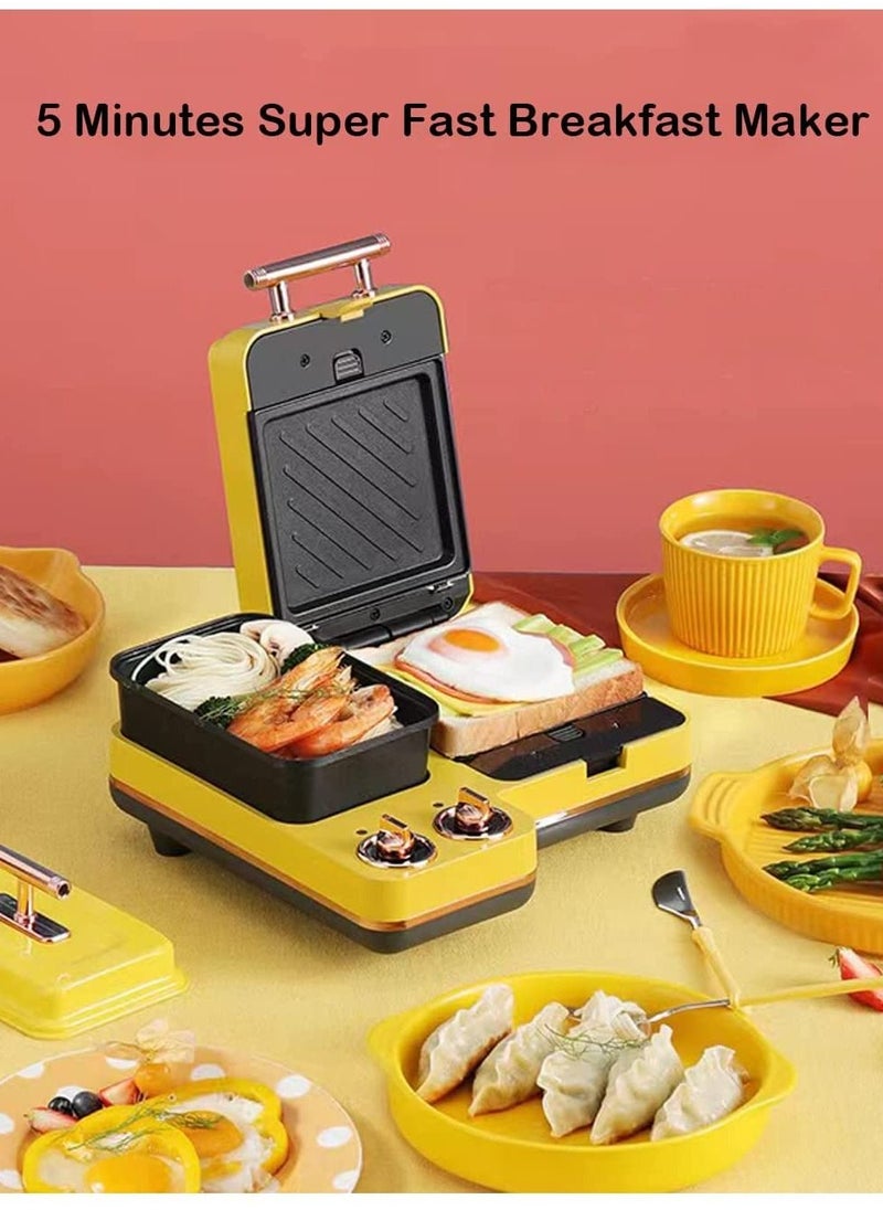 GT-Wheel - Multifunction Sandwich Maker, with Removable Plates,3 in 1 Breakfast Machine and Hot Pot Boiler for Egg Cooker and Sandwich, Waffle (Pink) - Image 1