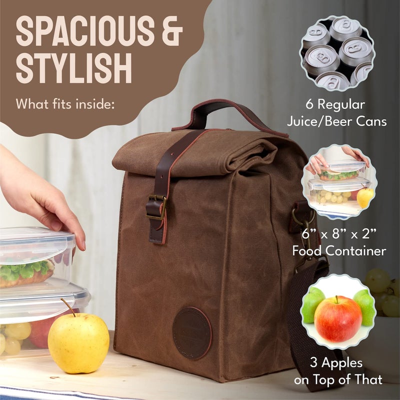 ASEBBO Insulated Lunch Bag 10L Sturdy Waxed Canvas Lunch Box for Men and Women, Leakproof Insulated Cooler Bag for Work Picnic Hiking, Lunchbox for Adults with Shoulder Strap (Brown) - Image 3