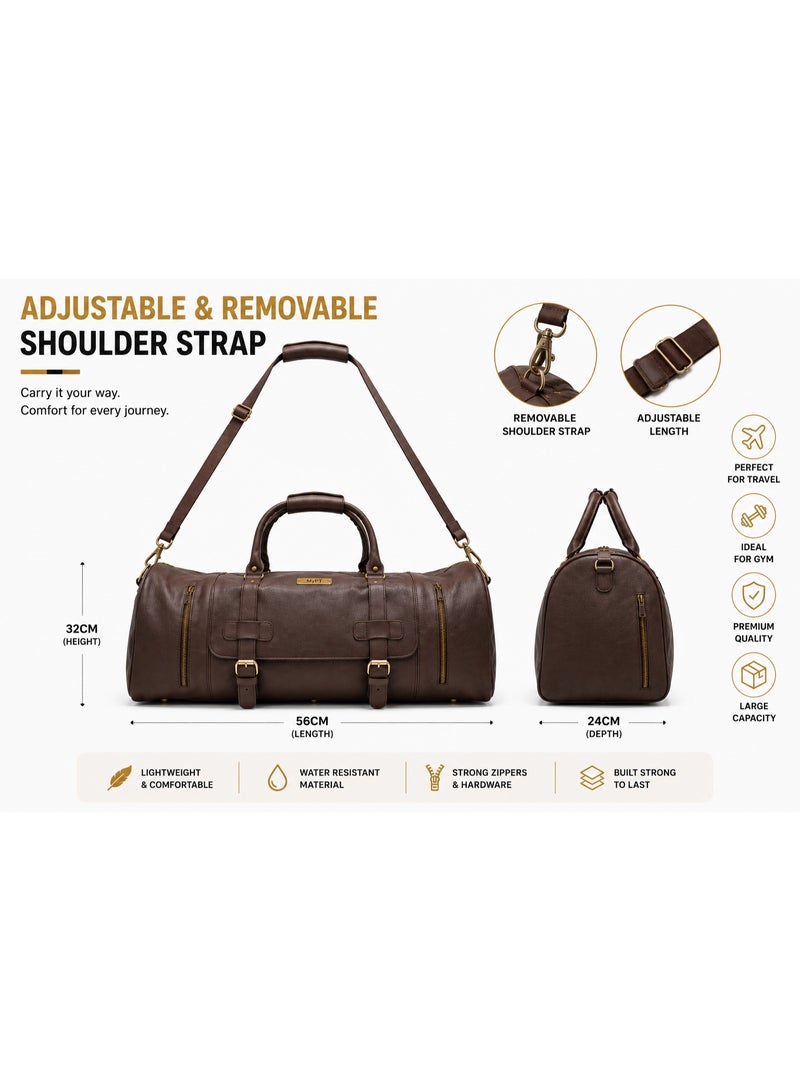 MyPT Leather Duffel Bag, Large Travel Gym Bag, Weekender Overnight Carry-On Luggage, Waterproof Sports Bag with Multiple Pockets, Adjustable Shoulder Strap, Brown - Image 5