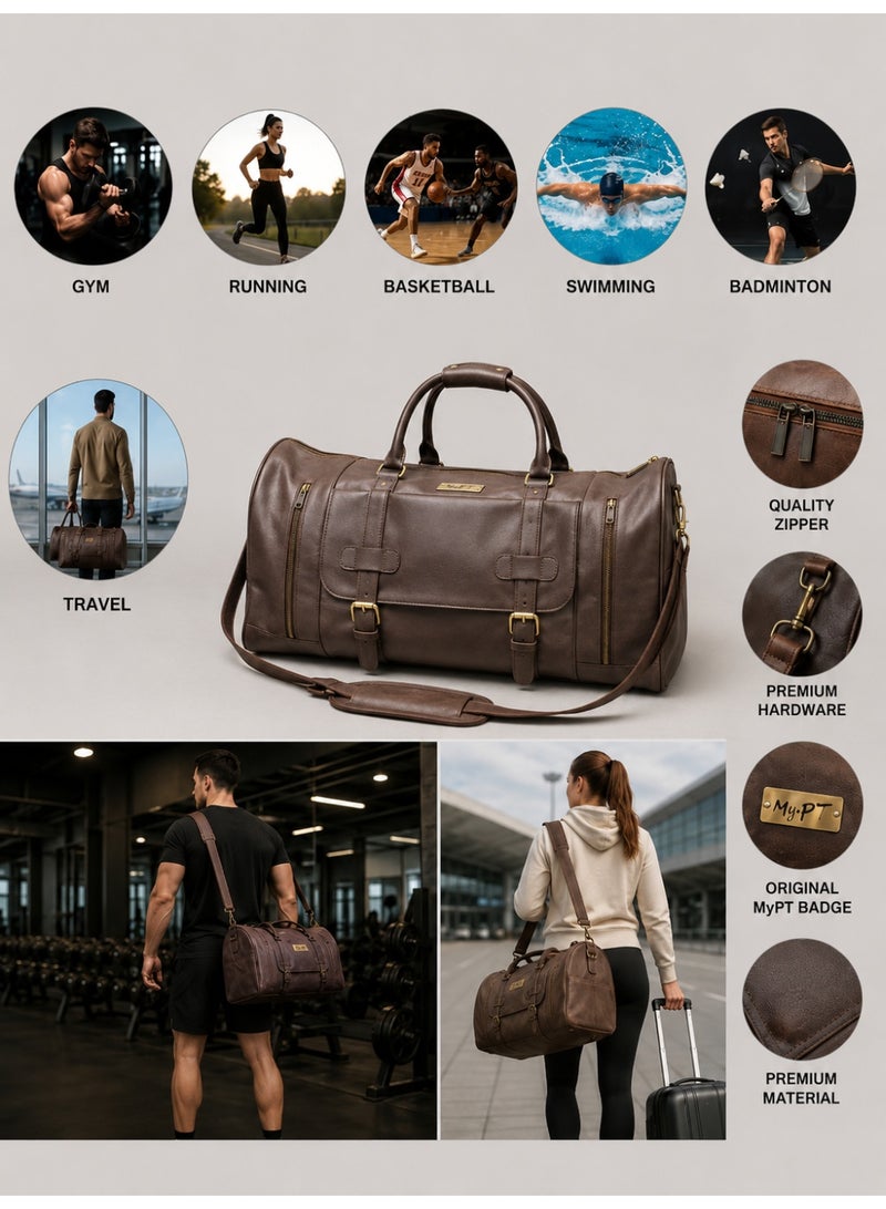 MyPT Leather Duffel Bag, Large Travel Gym Bag, Weekender Overnight Carry-On Luggage, Waterproof Sports Bag with Multiple Pockets, Adjustable Shoulder Strap, Brown - Image 3