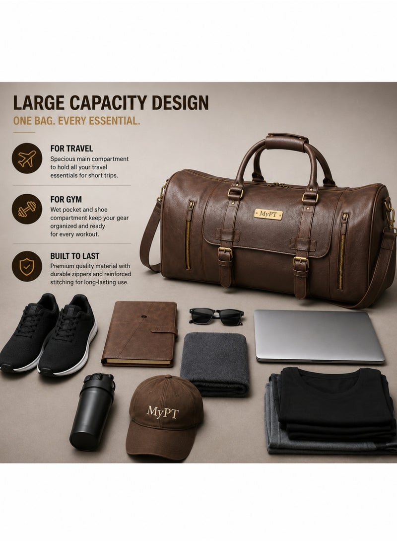 MyPT Leather Duffel Bag, Large Travel Gym Bag, Weekender Overnight Carry-On Luggage, Waterproof Sports Bag with Multiple Pockets, Adjustable Shoulder Strap, Brown - Image 4
