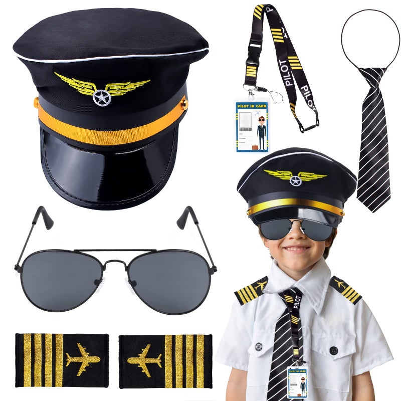 Keymall Keymall Kids Pilot Costume Accessories Set With Aviator Hat Sunglasses Tie Pin for Aviation Halloween Dress Up Set B2 