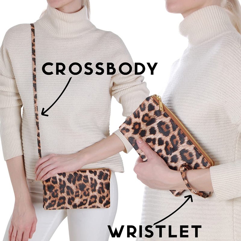Humble Chic NY حقيبة هومبل شيك نيويورك بنقشة الفهد - حقائب كروس بودي صغيرة للنساء، حقيبة كروس بودي صغيرة، حقائب معصم بنقشة حيوانية بنية للنساء، محفظة كلاش كاجوال أنيقة مع حزام معصم - Image 2