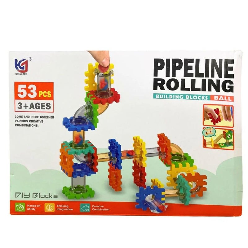 Pipeline Rolling Building Blocks Set, 53 Pieces, Educational Construction Toy, Ages 3+, Plastic, Multicolor, Ball Track Building, STEM Learning