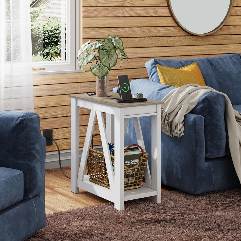 WLIVE Farmhouse End Table, Narrow Side Table with Charging Station, Slim End Table, Side Table for Bedroom, Living Room, Small Spaces, 2 USB and 2 Power Outlets, 11.8" D x 23.6" W x 23.74" H - Image 2