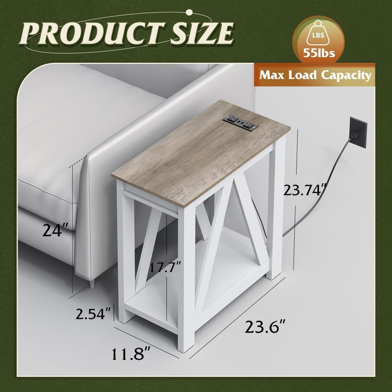 WLIVE Farmhouse End Table, Narrow Side Table with Charging Station, Slim End Table, Side Table for Bedroom, Living Room, Small Spaces, 2 USB and 2 Power Outlets, 11.8" D x 23.6" W x 23.74" H - Image 4