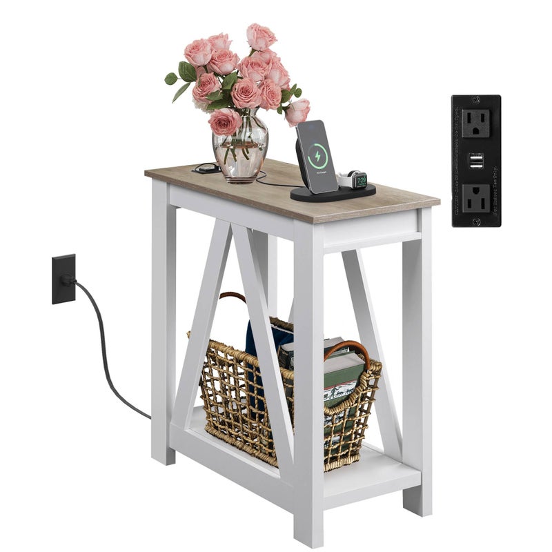 WLIVE Farmhouse End Table, Narrow Side Table with Charging Station, Slim End Table, Side Table for Bedroom, Living Room, Small Spaces, 2 USB and 2 Power Outlets, 11.8" D x 23.6" W x 23.74" H - Image 1