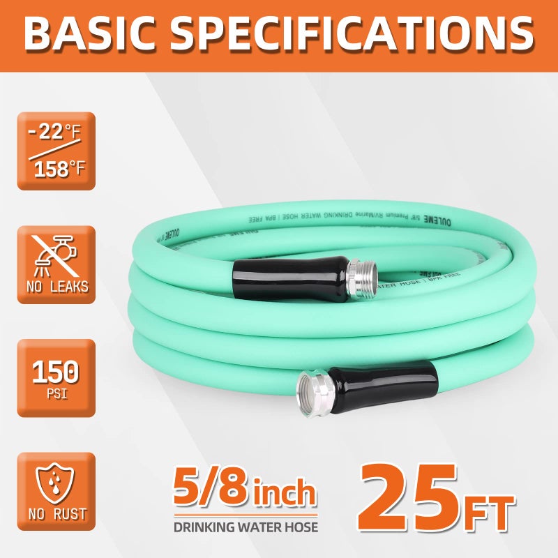 OULEME 25ft Premium RV Fresh Drinking Water Hose with Storage Bag, 5/8" For Travel Trailer Camper and Marine, Lead BPA Phthalate Free Green Garden Hose, Anti-Kink, Flexible - Image 2