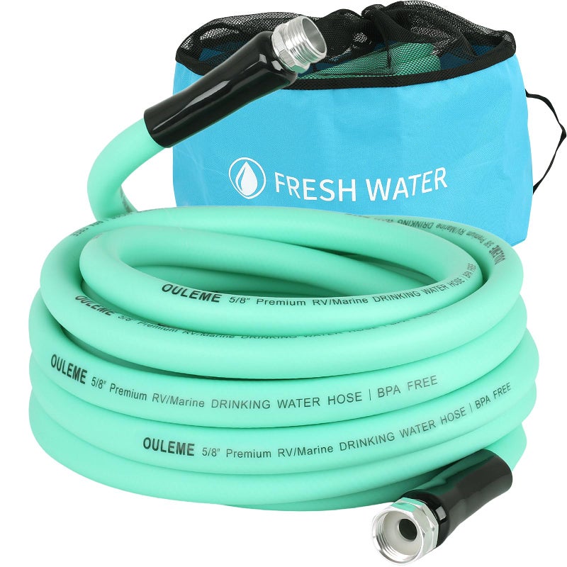OULEME 25ft Premium RV Fresh Drinking Water Hose with Storage Bag, 5/8" For Travel Trailer Camper and Marine, Lead BPA Phthalate Free Green Garden Hose, Anti-Kink, Flexible - Image 1