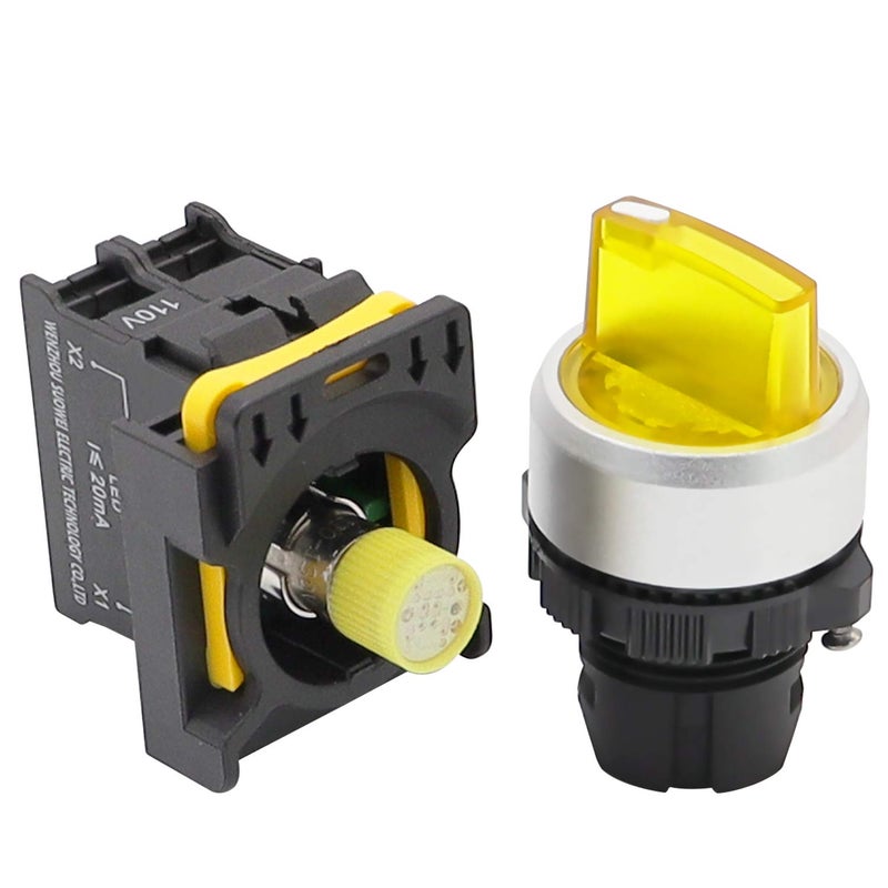 mxuteuk Yellow LED Light Voltage 110V-220V 22mm 1 NO 2 Positions Waterproof IP65 Latching Rotary Selector Switch 10A 600V LA155-A1-10XD-Y - Image 4