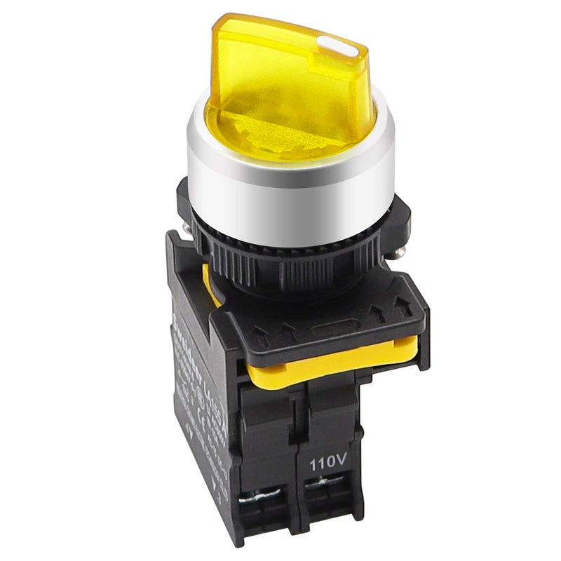 mxuteuk Yellow LED Light Voltage 110V-220V 22mm 1 NO 2 Positions Waterproof IP65 Latching Rotary Selector Switch 10A 600V LA155-A1-10XD-Y - Image 1