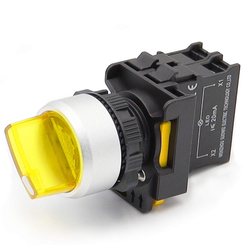mxuteuk Yellow LED Light Voltage 110V-220V 22mm 1 NO 2 Positions Waterproof IP65 Latching Rotary Selector Switch 10A 600V LA155-A1-10XD-Y - Image 2