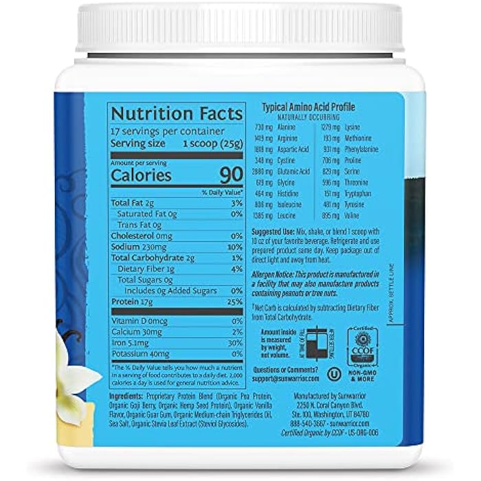 Sunwarrior Organic Plant Based Protein Powder | Vegan Organic Protein Powder Vanilla Flavored with BCAA Amino Acids & Hemp Seed Pea Blend | Non-GMO Soy Dairy Filler & Gluten Free (Vanilla, 17 Servings) - Image 2