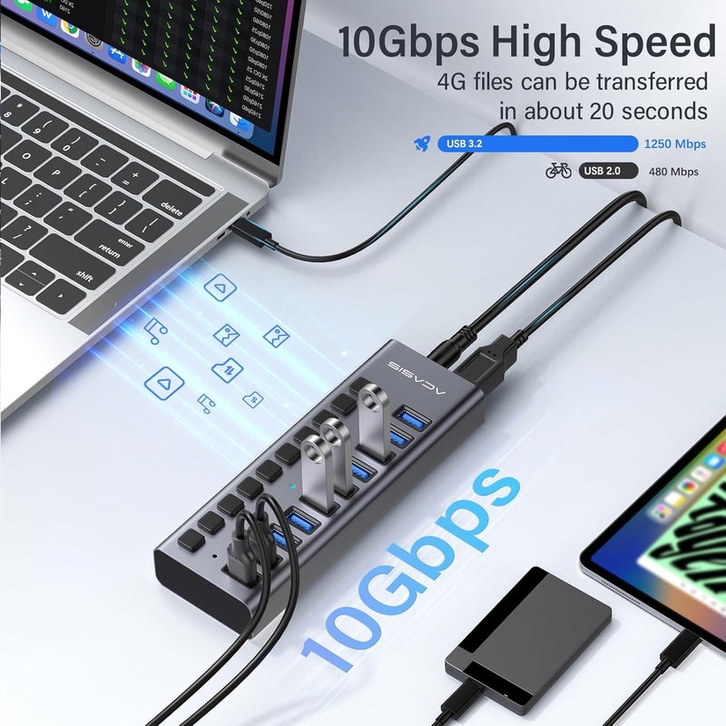 أكاسيس محور USB مزود بالطاقة من ، 10 منافذ USB 3.0 لنقل البيانات، مفاتيح تشغيل/إيقاف فردية، محول طاقة 12V4A 48W، مقسم USB 3.0 لتمديد الاتصال لأجهزة MacBook وMac Pro/Mini وiMac وSurface Pro Laptop/PC - Image 3