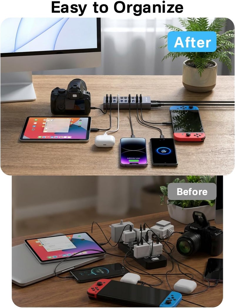 أكاسيس محور USB مزود بالطاقة من ، 10 منافذ USB 3.0 لنقل البيانات، مفاتيح تشغيل/إيقاف فردية، محول طاقة 12V4A 48W، مقسم USB 3.0 لتمديد الاتصال لأجهزة MacBook وMac Pro/Mini وiMac وSurface Pro Laptop/PC - Image 5