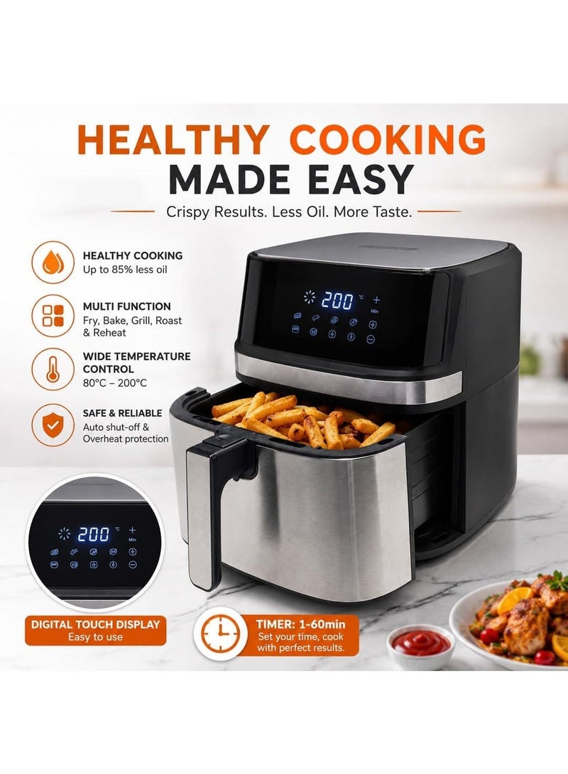 uniGENERAL Large Capacity Air Fryer 8L, 1700W, 80-200°C Adjustable Temperature, 60-Minute Timer, Metal Inner Cavity, Safety Power Cut-Off, 2-Year Warranty, Silver - Image 3