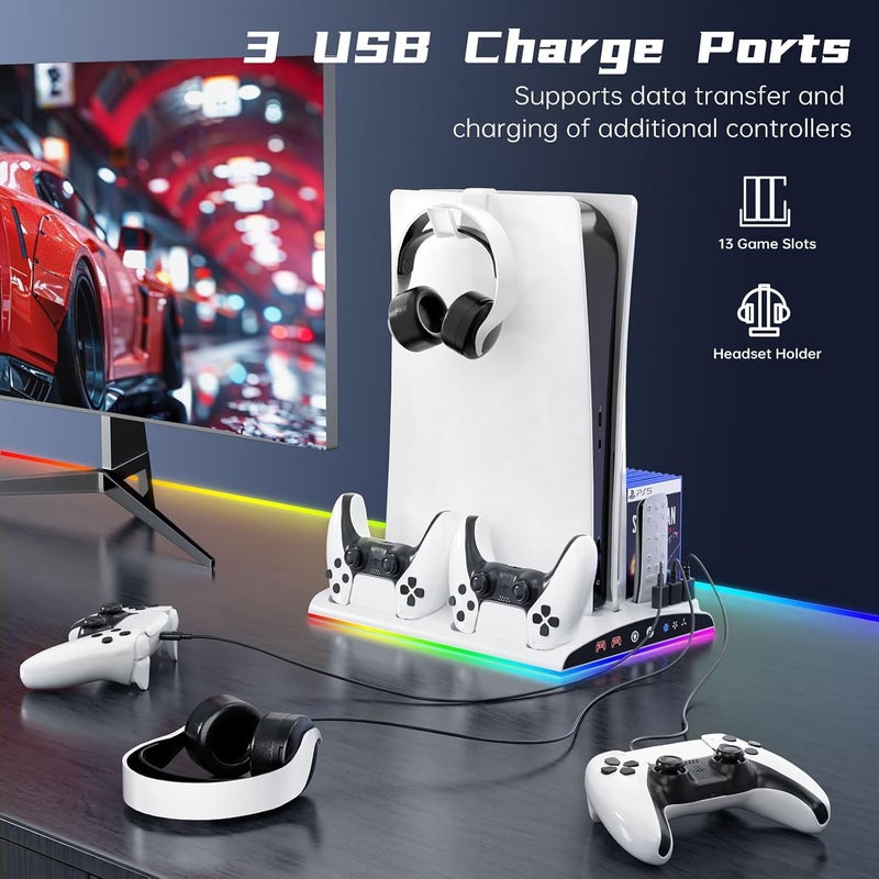 جارلو حامل Garlo PS5 مع محطة تبريد، محطة شحن لوحدات التحكم لجهاز PlayStation 5 وإصدارات Slim وPro القرصية/الرقمية - الملحقات: مروحة تبريد، إضاءة RGB LED، منافذ USB، حامل سماعات الرأس، فتحة ألعاب - Image 5