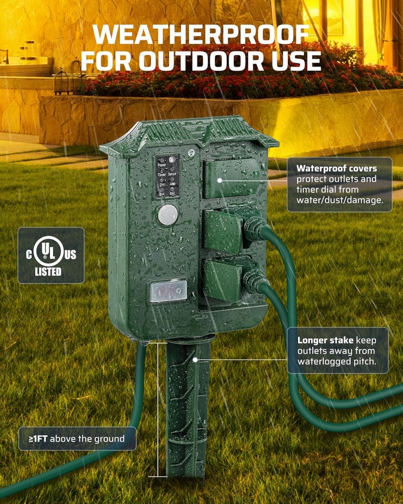 DEWENWILS Deventils Remote Control Outdoor Power Strip Stake Timer Stake Timer Green - Image 4
