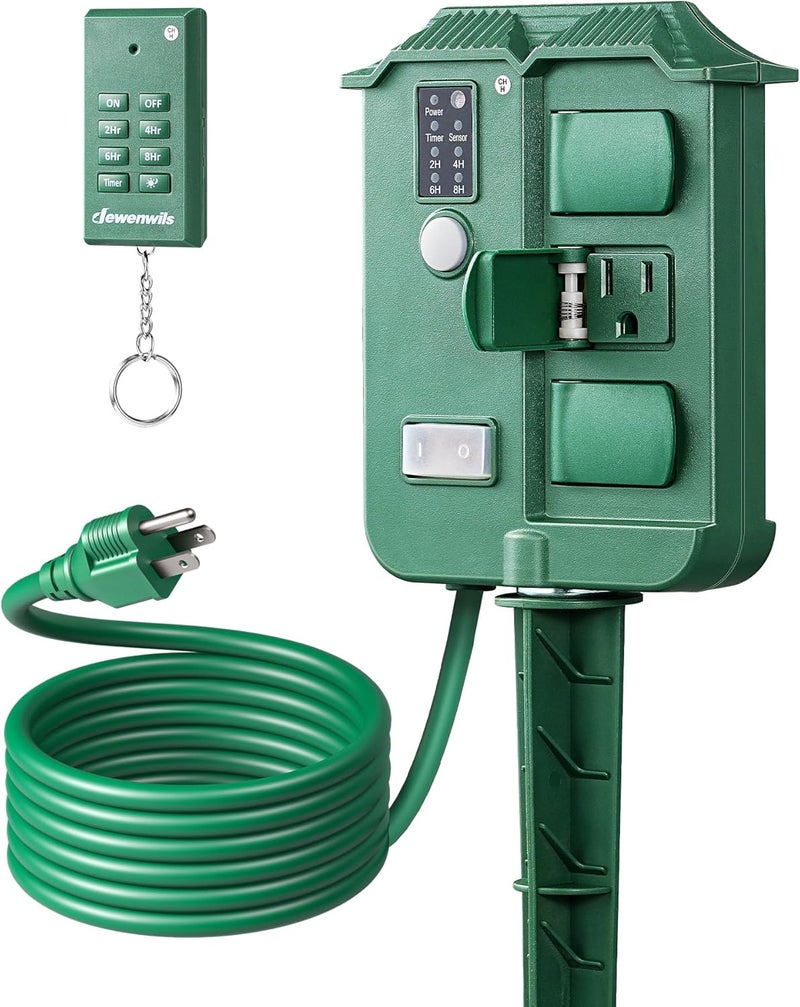 DEWENWILS Deventils Remote Control Outdoor Power Strip Stake Timer Stake Timer Green - Image 1