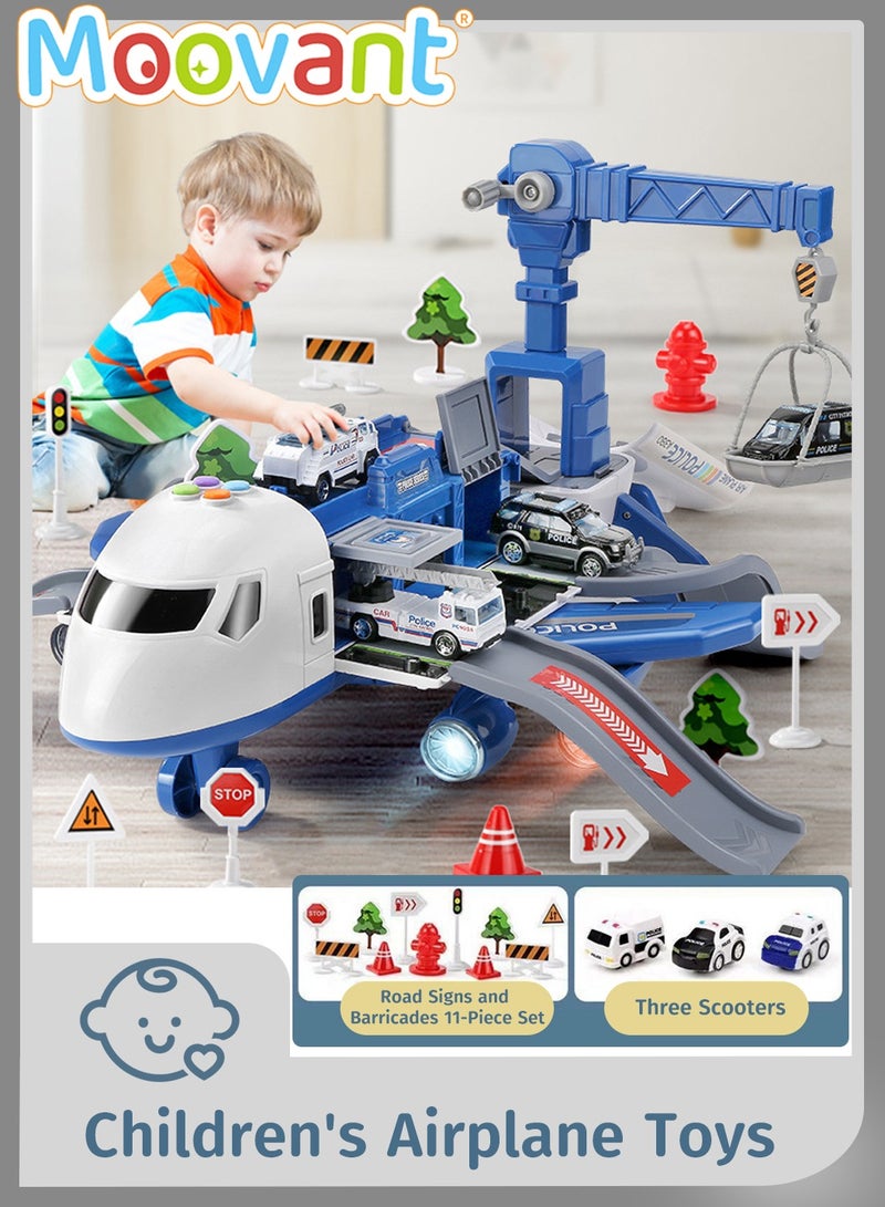 Moovant Airplane Toys for Kids, Race Track Toys with Lights Sounds, Car Adventure Toys with 3 Cars and 11 Road Signs, Police Themed Transport Airplane Toy with Taxiway for Toddlers Boys Girls - Image 1