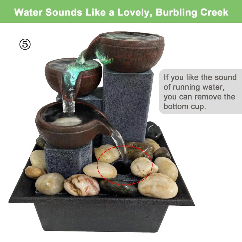 JOINDATAT Small Indoor Relaxation Tabletop Fountain, Zen Meditation Waterfall Feature with Color LED Light & Natural Rocks, 4 Level Desk Waterfall for Home Office Bedroom Living Room Decoration (Style 1) - Image 4