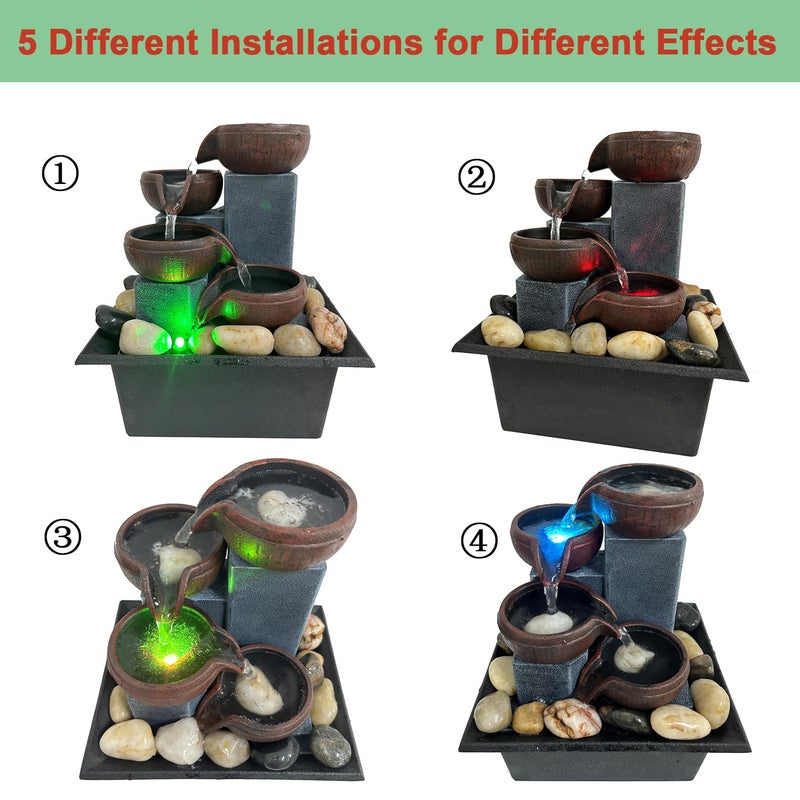 JOINDATAT Small Indoor Relaxation Tabletop Fountain, Zen Meditation Waterfall Feature with Color LED Light & Natural Rocks, 4 Level Desk Waterfall for Home Office Bedroom Living Room Decoration (Style 1) - Image 3