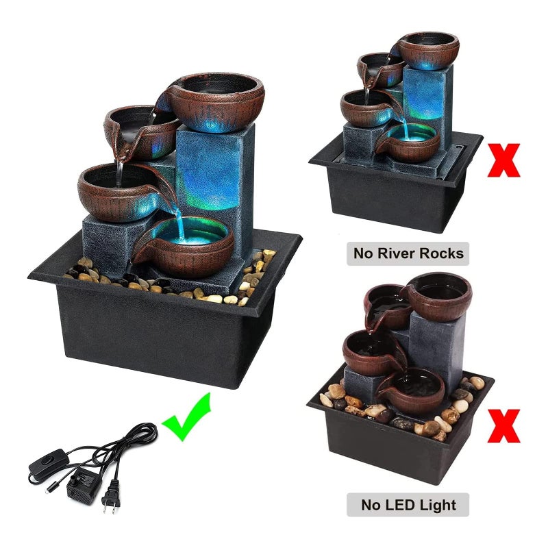 JOINDATAT Small Indoor Relaxation Tabletop Fountain, Zen Meditation Waterfall Feature with Color LED Light & Natural Rocks, 4 Level Desk Waterfall for Home Office Bedroom Living Room Decoration (Style 1) - Image 2