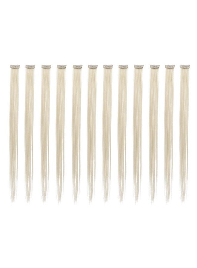 SWACC 12 Pcs Straight One Color Party Highlights Clip On In Hair Extensions Colored Hair Streak Synthetic Hairpieces (Platinum Blonde) - Image 2
