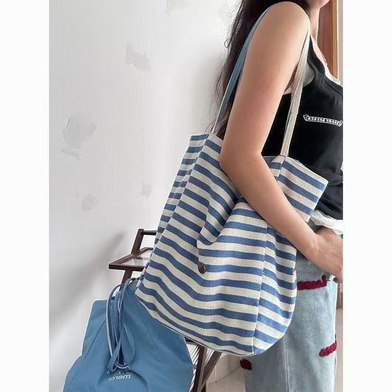 2026 Summer Striped Nylon Tote Bag, Korean Casual Style, Large Capacity Shoulder Bag for Women - Image 4