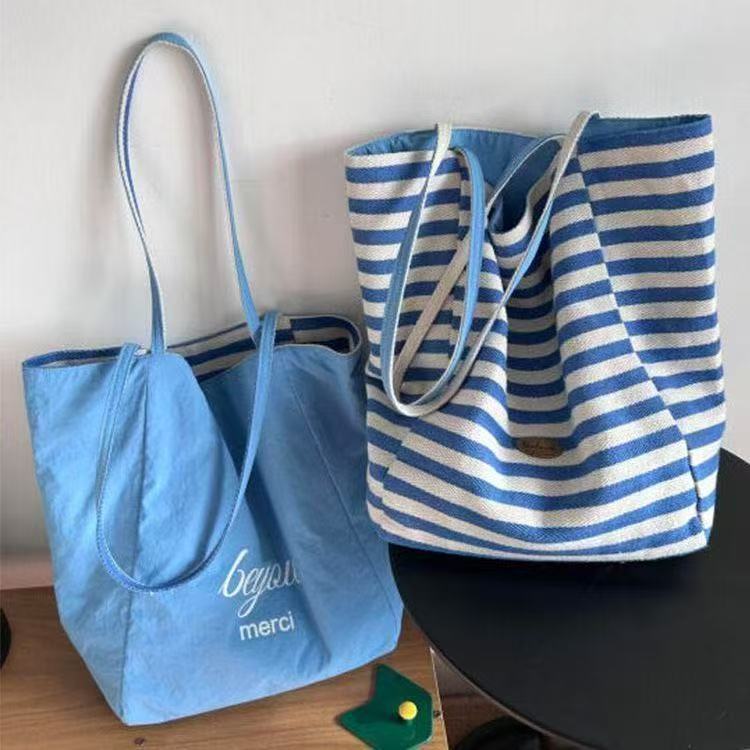 2026 Summer Striped Nylon Tote Bag, Korean Casual Style, Large Capacity Shoulder Bag for Women - Image 1