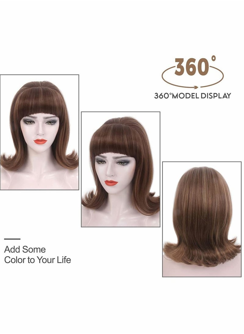 Excefore Brown Wig with Bangs, 60s Retro Beehive Wigs for Women, 70s Classic Style Cosplay Wig With Bang  - Image 4