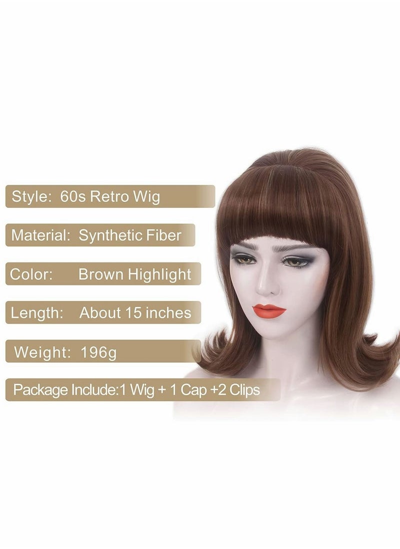 Excefore Brown Wig with Bangs, 60s Retro Beehive Wigs for Women, 70s Classic Style Cosplay Wig With Bang  - Image 2