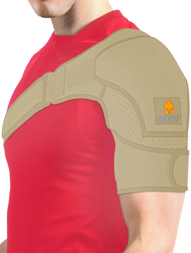 Sparthos Shoulder Brace Support Sleeve for Torn Rotator Cuff AC Joint Pain Relief Arm Stability Strap Wrap Fits Bicep 1430 in Left or Right Men Women Measure Before Purchase BeigeXXL