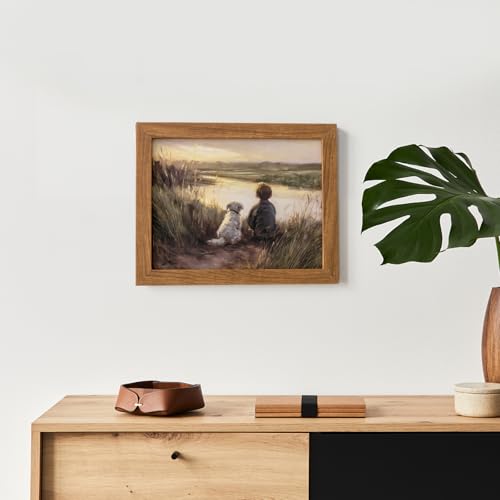 JolyWell Framed Boy Fishing Wall Decor Painting, fall wall art Dog and Boy Landscape Canvas Vintage Country Farmhouse Prints Artwork for Bedroom Living Room 10x8 inch - Image 1