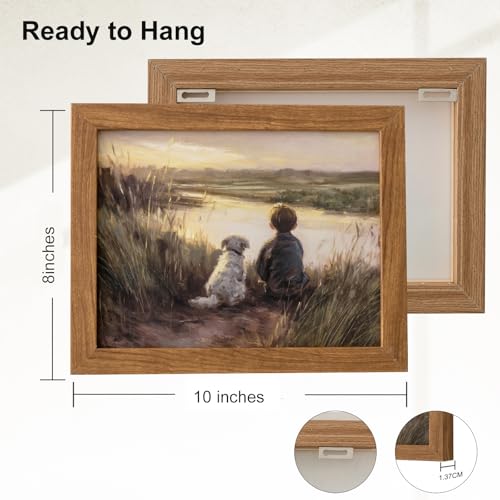 JolyWell Framed Boy Fishing Wall Decor Painting, fall wall art Dog and Boy Landscape Canvas Vintage Country Farmhouse Prints Artwork for Bedroom Living Room 10x8 inch - Image 2