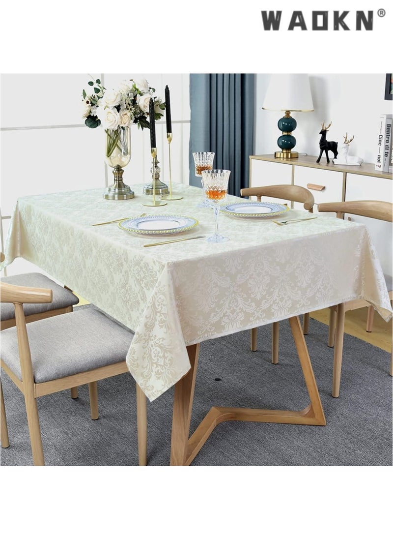 WAOKN Rectangle Jacquard Tablecloth - 130 x 170 cm Spill Proof Wrinkle Resistant Damask Table Cloth, Soft Polyester Oblong Table Cover for Kitchen Parties Farmhouse, Ivory  - Image 3