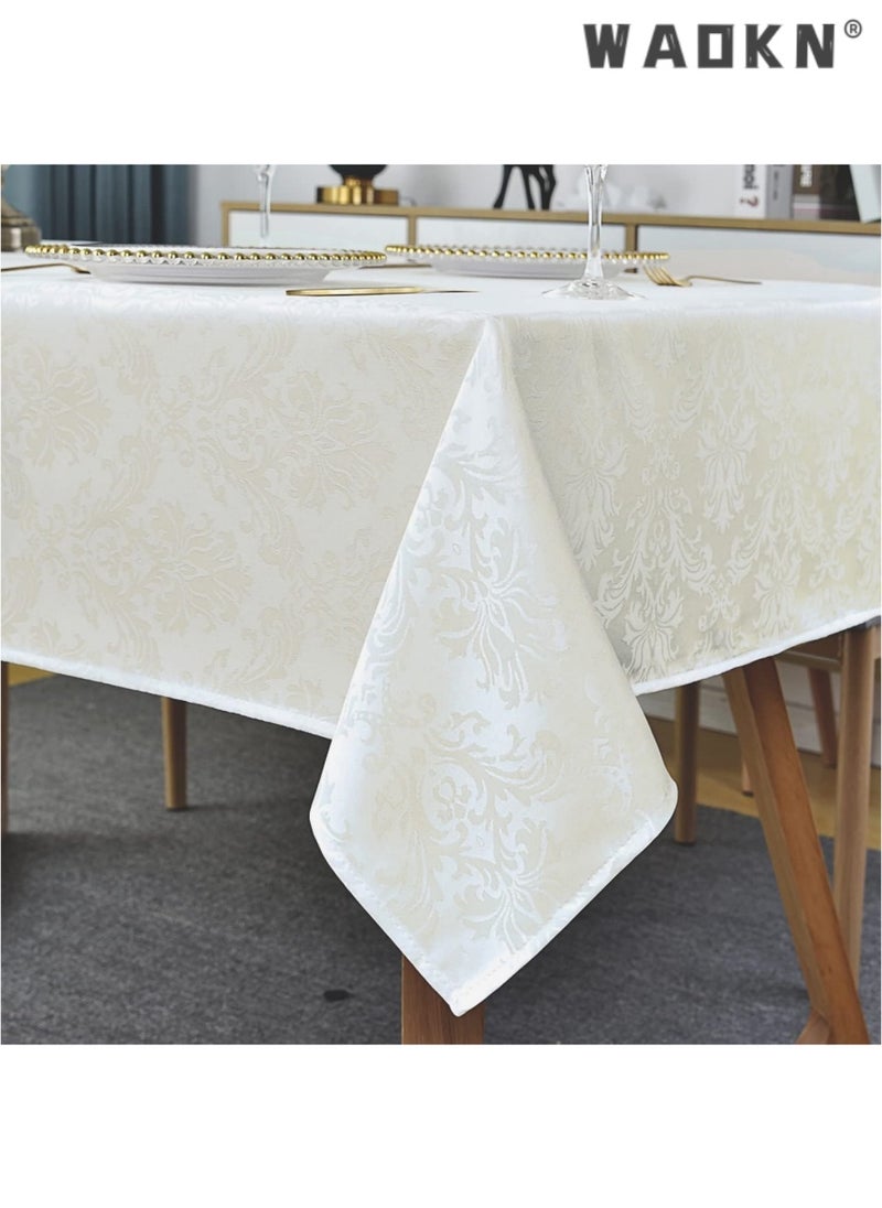 WAOKN Rectangle Jacquard Tablecloth - 130 x 170 cm Spill Proof Wrinkle Resistant Damask Table Cloth, Soft Polyester Oblong Table Cover for Kitchen Parties Farmhouse, Ivory  - Image 1